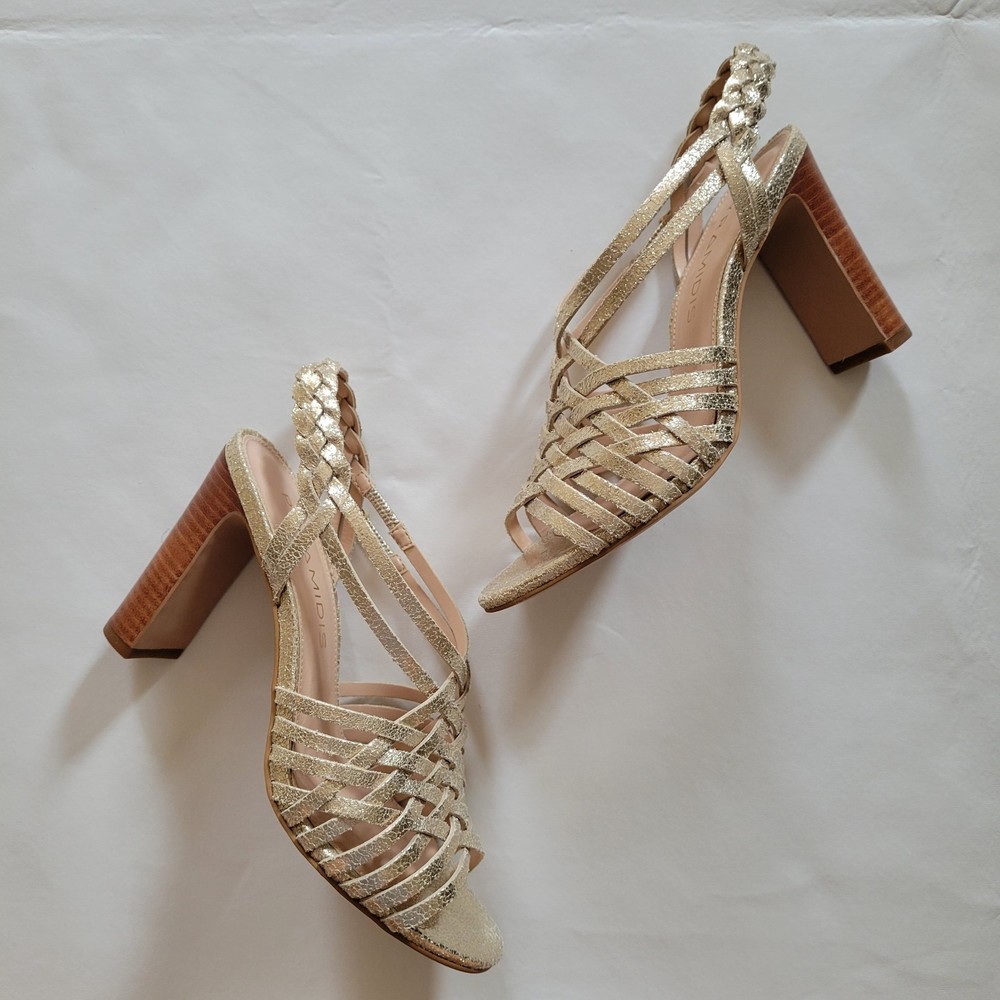 Pyramidis Anthropologie Strappy Leather Braided Gold Heel Womans Sandal Size 38